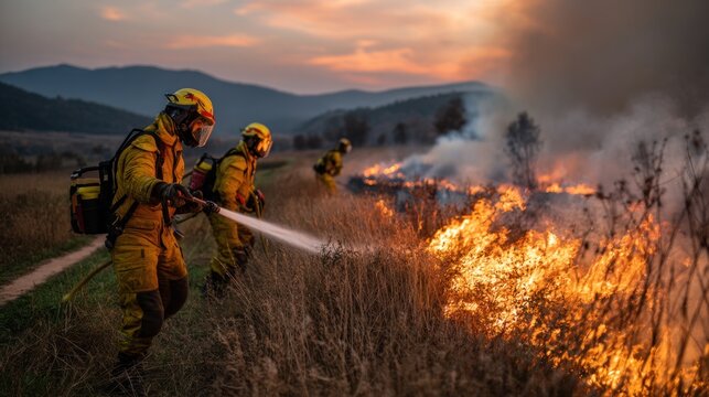 Firefighters battle flames at sunset