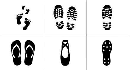 Footprint Icons Set, Shoe Prints Vector Collection, Diverse Footwear Silhouettes for Walking and Movement Concepts © Munna