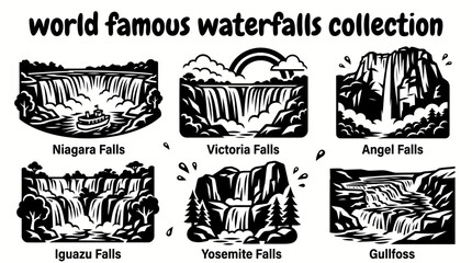 world most famous waterfalls featuring niagara falls victoria falls iguazu falls angel falls yosemite falls and gullfoss arranged as a premium vector illustration set for travel geography © Ethan