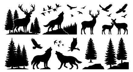 Fototapeta premium Wild Forest Animals Silhouette Collection: Majestic Deer, Howling Wolves, Soaring Birds, Evergreen Trees, Natural Landscape Elements, Vector Graphics for Wildlife Design
