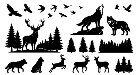 Obraz premium Wilderness Wildlife Silhouette Collection: Majestic Deer, Howling Wolves, Soaring Birds, and Forest Trees Vector Elements for Nature Designs