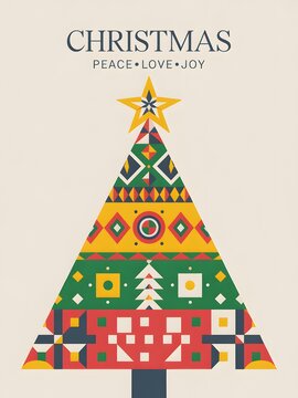 Christmas tree illustration with geometric patterns and star topper