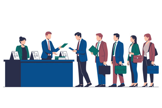 Business people standing in a line at the reception desk to register for a conference or job interview