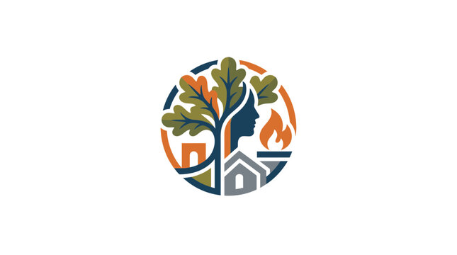 Abstract circular vector logo with tree, human profile, house, and torch
