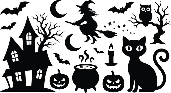 Halloween set featuring a witch on a broomstick a haunted house jack o lanterns a black cat an owl on a tree bats a crescent moon and a bubbling cauldron with steam on a white background
