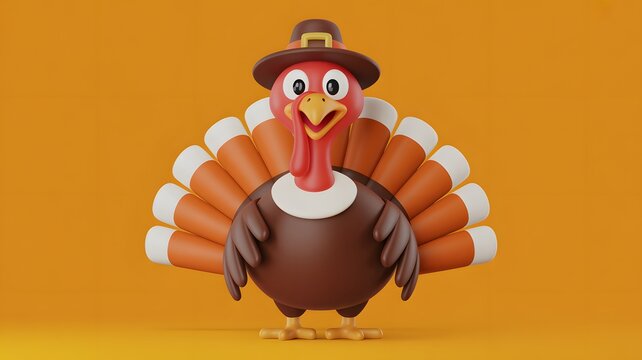 Cute cartoon turkey bird wearing a pilgrim hat for thanksgiving holiday celebration