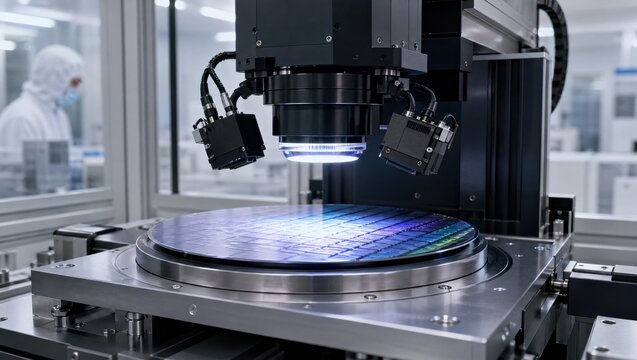 Medium shot of an optical wafer inspection system scanning semiconductor wafers for line width uniformity with bright light and camera sensors in a cleanroom environment.