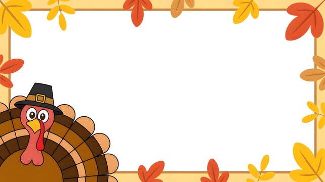 Cute cartoon turkey wearing a pilgrim hat with autumn leaves frame for thanksgiving holiday