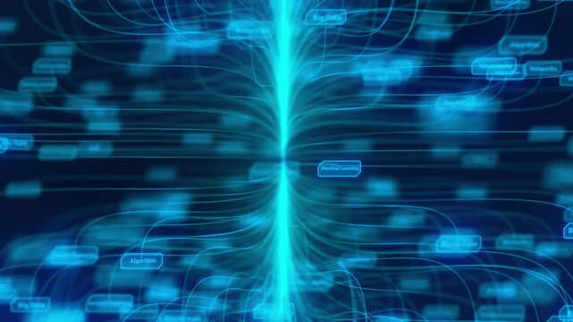 Futuristic digital network connection tree; abstract tech background for data science, innovation, and machine learning