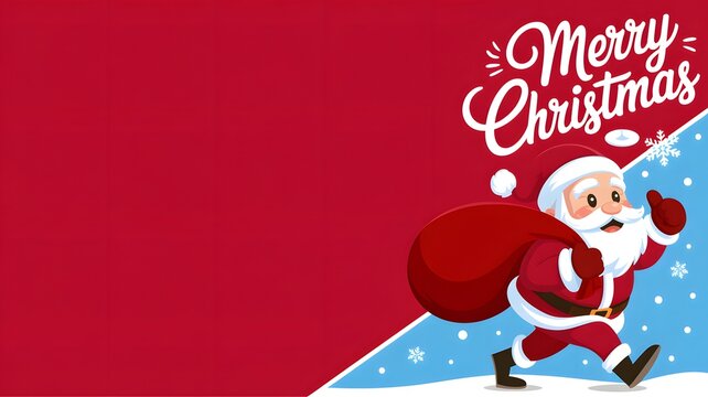 Merry christmas design with cartoon santa claus carrying a red gift bag on a colorful background