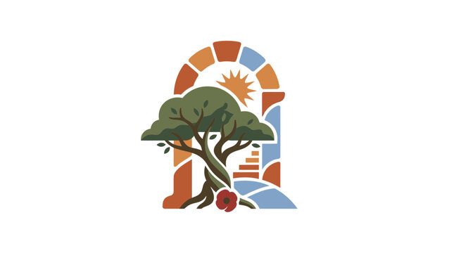 Minimalist Mediterranean landscape with olive tree and stone arch illustration