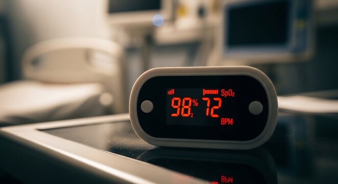 Pulse oximeter on hospital table with red display screen