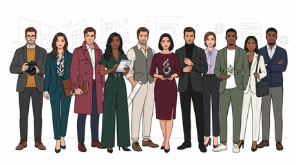 Obraz premium Diverse Professional Team Standing Together in Modern Business Attire for Corporate Networking and Success Concept
