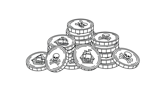 Stacks Of Pirate Coins With Skull Crossbones And Ship Illustrations Line Art money currency