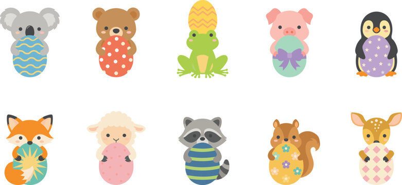 Cute Easter Animals Vector Icon Set Featuring Cartoon Koala Bear Frog Pig Penguin Fox Lamb Raccoon Squirrel and Deer Holding Patterned Eggs