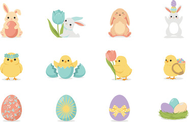 Fototapeta premium Cute Easter Vector Icon Set Featuring Little Bunnies Yellow Chicks Hatching from Eggs Tulip Flowers and Decorated Pastel Easter Eggs with Ribbon Bows
