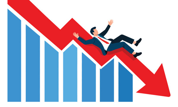 Businessman falling, red arrow down, declining graph, stock market crash, economic downturn