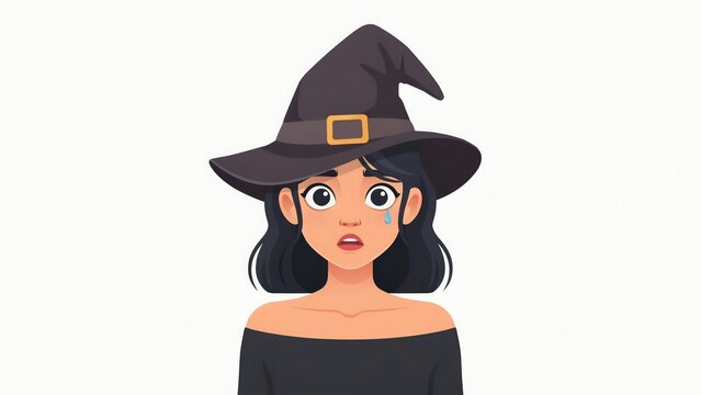 Sad witch portrait illustration of a distressed young sorceress in black hat