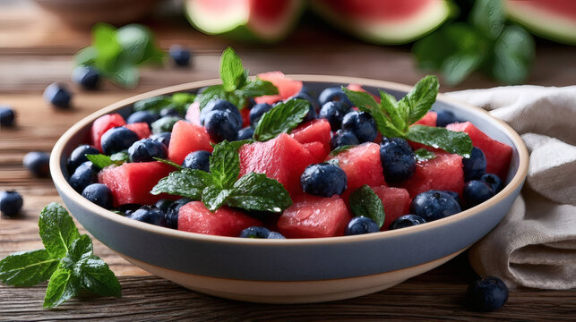 Fresh summer fruit salad with juicy watermelon cubes, blueberries, and mint leaves in a ceramic bowl on rustic wooden table.