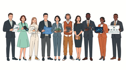 Obraz premium Diverse professional team members holding their respective work tools and equipment on a plain white background