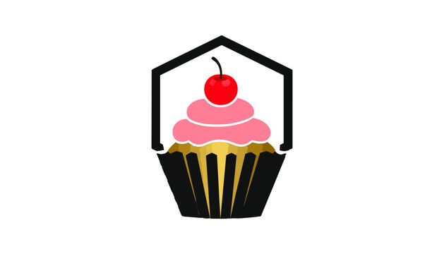 Pink cupcake with red cherry inside a black house frame