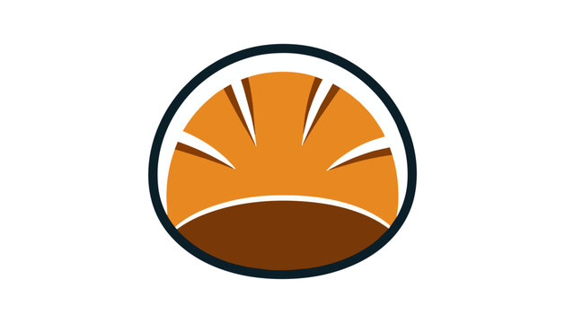 Stylized circular sun icon with orange rays and dark brown horizon