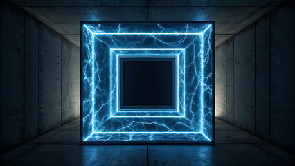 Obraz premium Futuristic digital portal glowing in dark space. Neon blue grid tunnel with electric energy effects. High-tech virtual gateway for innovation and c...