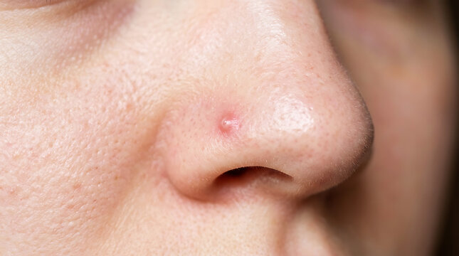 Close-up of human nose with inflamed pimple