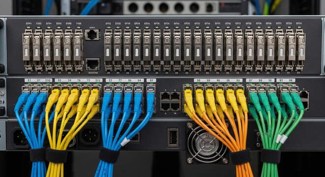 Close-up of a professional network server rack switch with many neatly organized and connected blue, yellow, and green ethernet internet cables