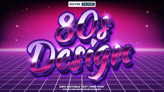 80s design 3D editable vector text effect. retro futuristic neon grid backdrop style. nostalgic synthwave typography graphic template. purple magenta aesthetic lettering with synthwave, template