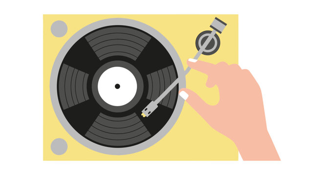 Hand lowering needle on a turntable vinyl vector top view