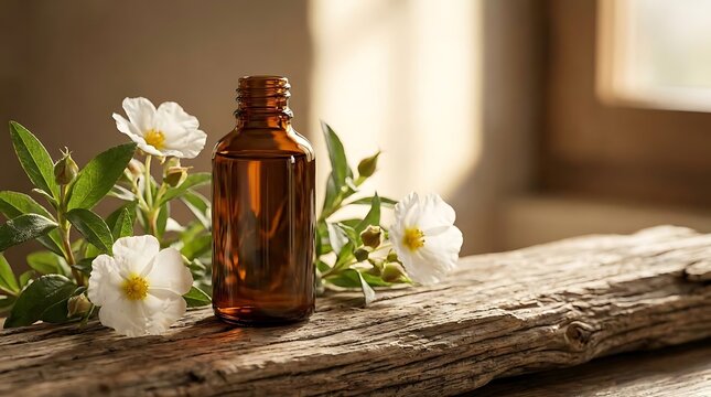 Amber glass bottle of cistus essential oil standing on rustic wood next to fresh blooming cistus flowers in a warm sunlit environment for natural aromatherapy
