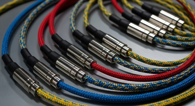 Set of colorful braided audio cables with metal connectors.