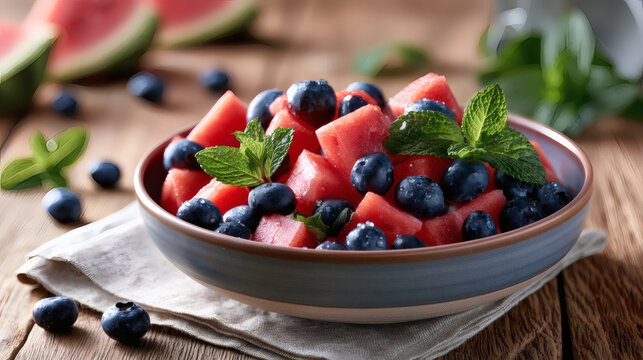 Refreshing summer fruit salad with juicy watermelon cubes, fresh blueberries, and mint leaves served in a ceramic bowl on a rustic wooden table.