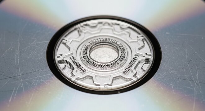 A close-up macro shot of the center of a silver compact disc, showing scratches on the surface and technical markings around the inner ring