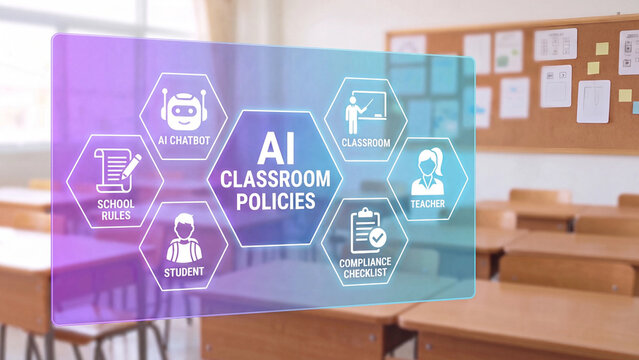 AI classroom policies concept for school rules on artificial intelligence chatbot use student guidelines teacher oversight and compliance in modern digital education