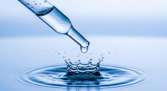 A dropper dropping a single clear liquid drop into rippling water