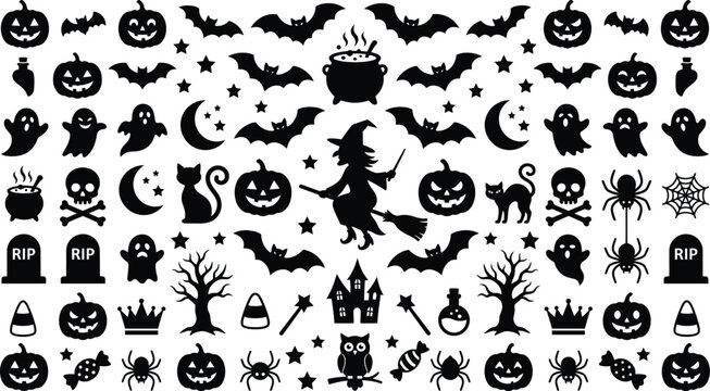 Black silhouette of halloween including pumpkins bats ghosts witches skulls spiders candy corn haunted house cauldron and stars on a white background