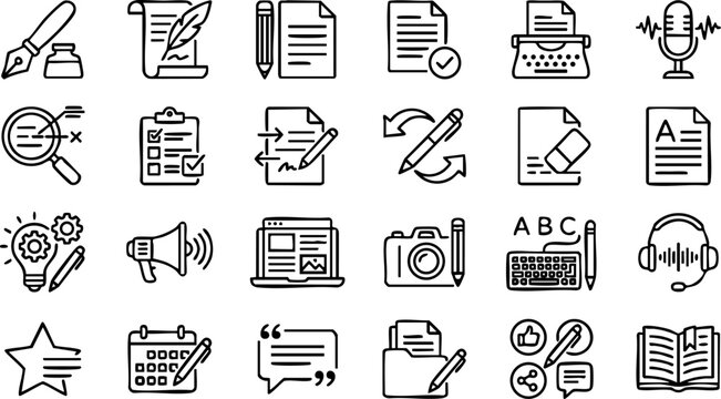 Collection of content creation and writing line icons for creative writing blogging and media publishing
