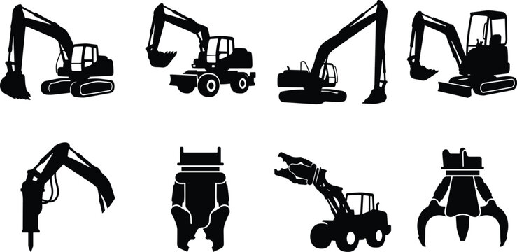 Heavy machinery and construction equipment vector silhouettes set featuring different types of excavators shears and demolition attachment icons