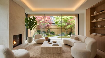 Fototapeta premium Modern Japandi Living Room with Stone Fireplace and Autumn Zen Garden View
