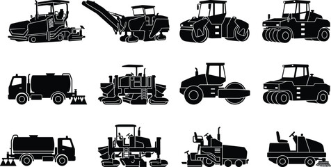 Obraz premium Road construction machinery vector silhouettes set featuring asphalt pavers steam rollers bitumious distributors and sweeper truck icons