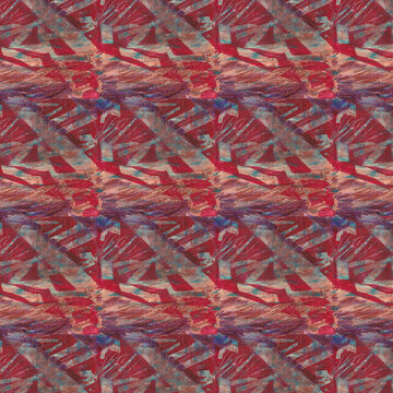 Seamless abstract geometric pattern background with red, purple, and teal acrylic paint textures
