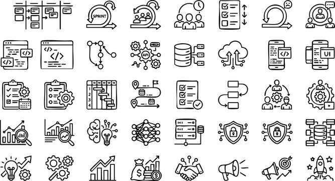 Business development and software agile process line icons with business development software management