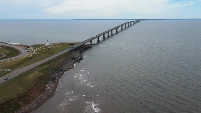 Aerial view of Canada Confederation Bridge highway connection in Prince Edward Island