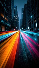 Obraz premium Futuristic city avenue at night with multicolored motion trails and wet reflective road