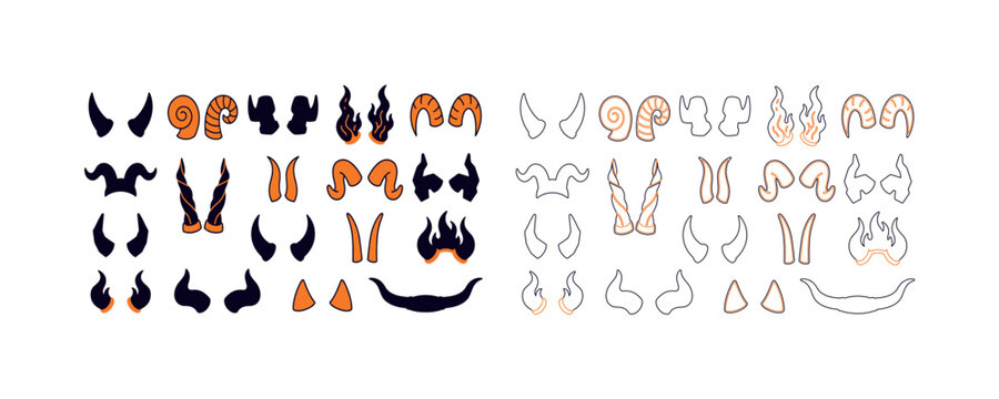 Devil face parts. Demon icons. Evil facial features.