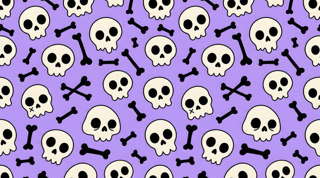 A repeating pattern of cartoon skulls and bones on a purple background for halloween or spooky designs and decorations