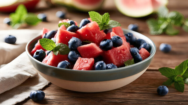 Fresh fruit salad with juicy watermelon cubes, blueberries, and mint leaves in a ceramic bowl on rustic wooden table. Healthy summer dessert, close up.