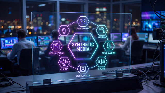 Synthetic media concept covering AI image generation video creation voice cloning digital avatars and artificial content production technology in modern media industry
